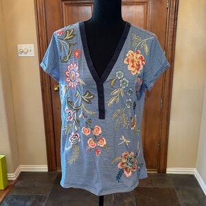 Johnny Was Striped Floral Embroidered Blouse - Blue